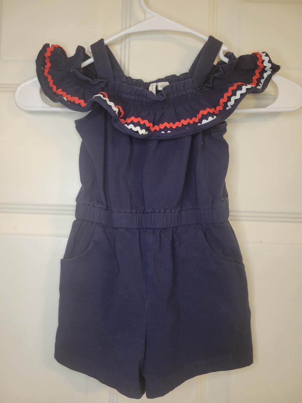 Janie And Jack Navy Off-Shoulder Romper with Red & White Trim - Picture 2 of 7